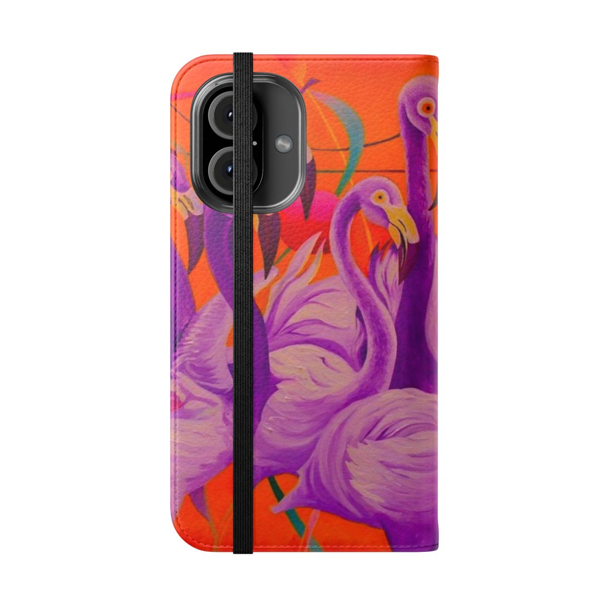 Vibrant purple flamingo-themed phone case with artistic design - Folded Front