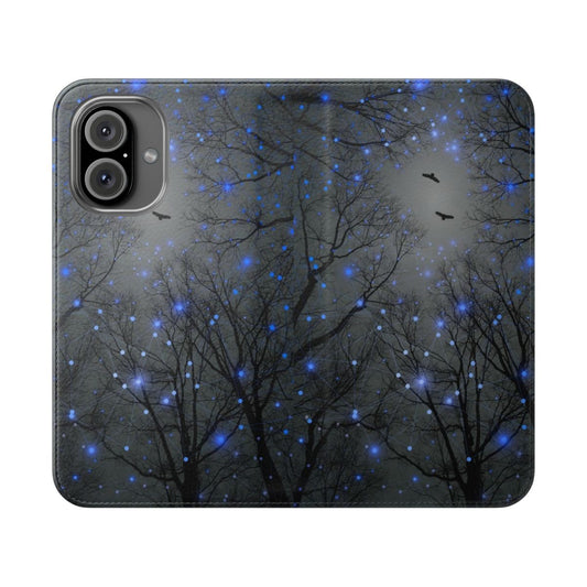 Starry night phone case featuring a cosmic galaxy design with periwinkle and blue hues, geometric stars, and a glow-in-the-dark effect.