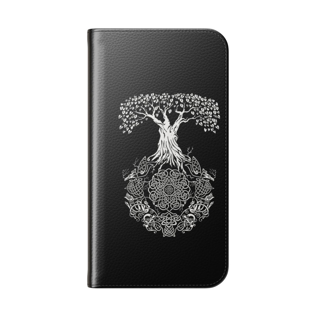 Stylish phone case featuring an intricate tree of life design with Celtic, Viking, and Irish inspired elements. - Folded Back