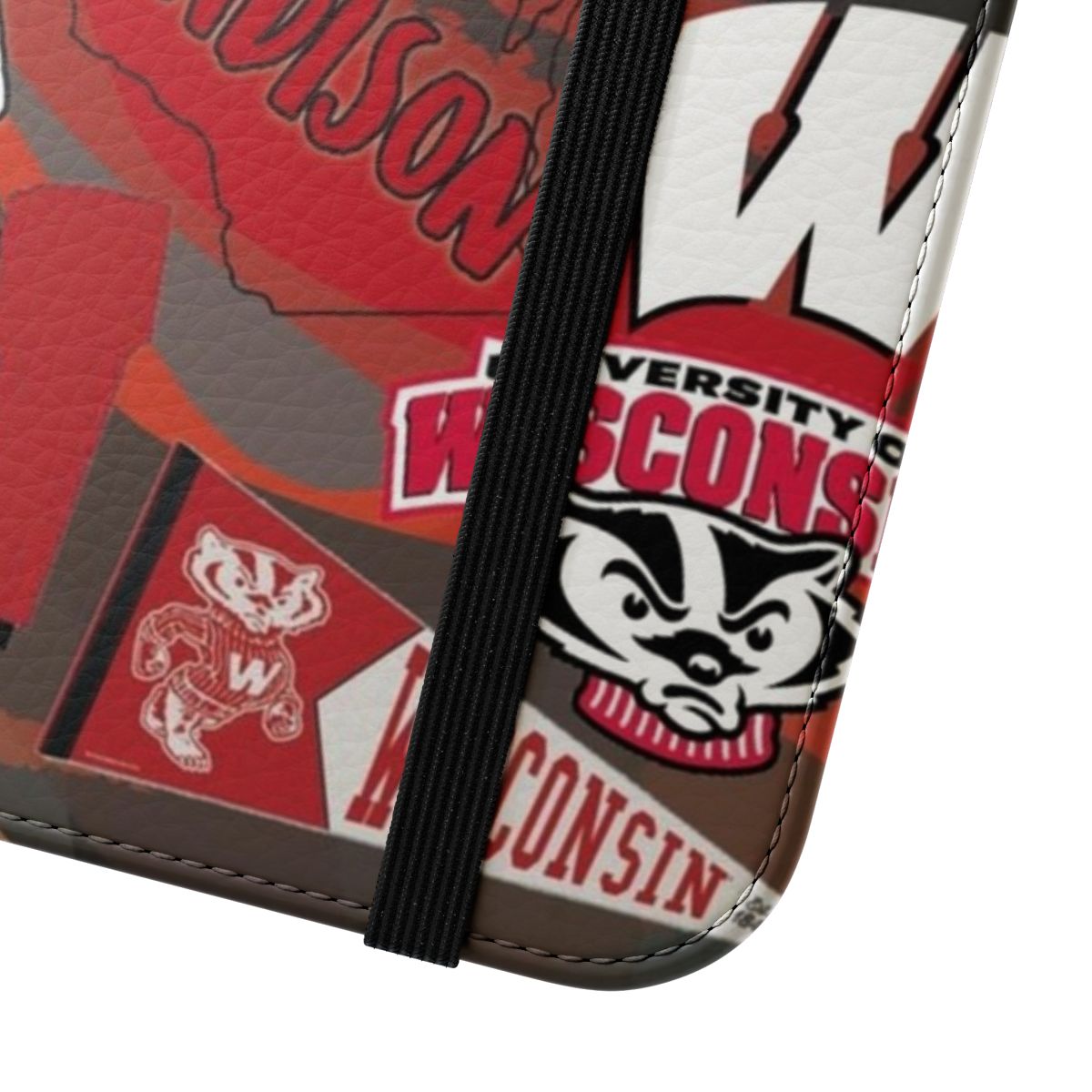 A phone case featuring the University of Wisconsin Madison Badgers logo and colors. - Close Up