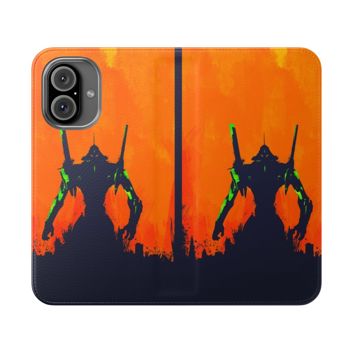 Evangelion-inspired flip cover phone case with minimalist silhouette design