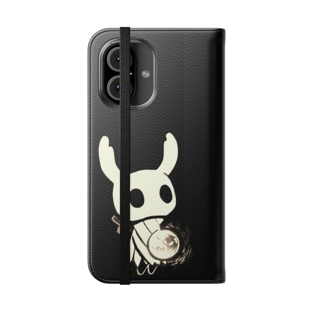 Black and white illustration of the Knight character from the indie game Hollow Knight on a smartphone flip cover case - Folded Front