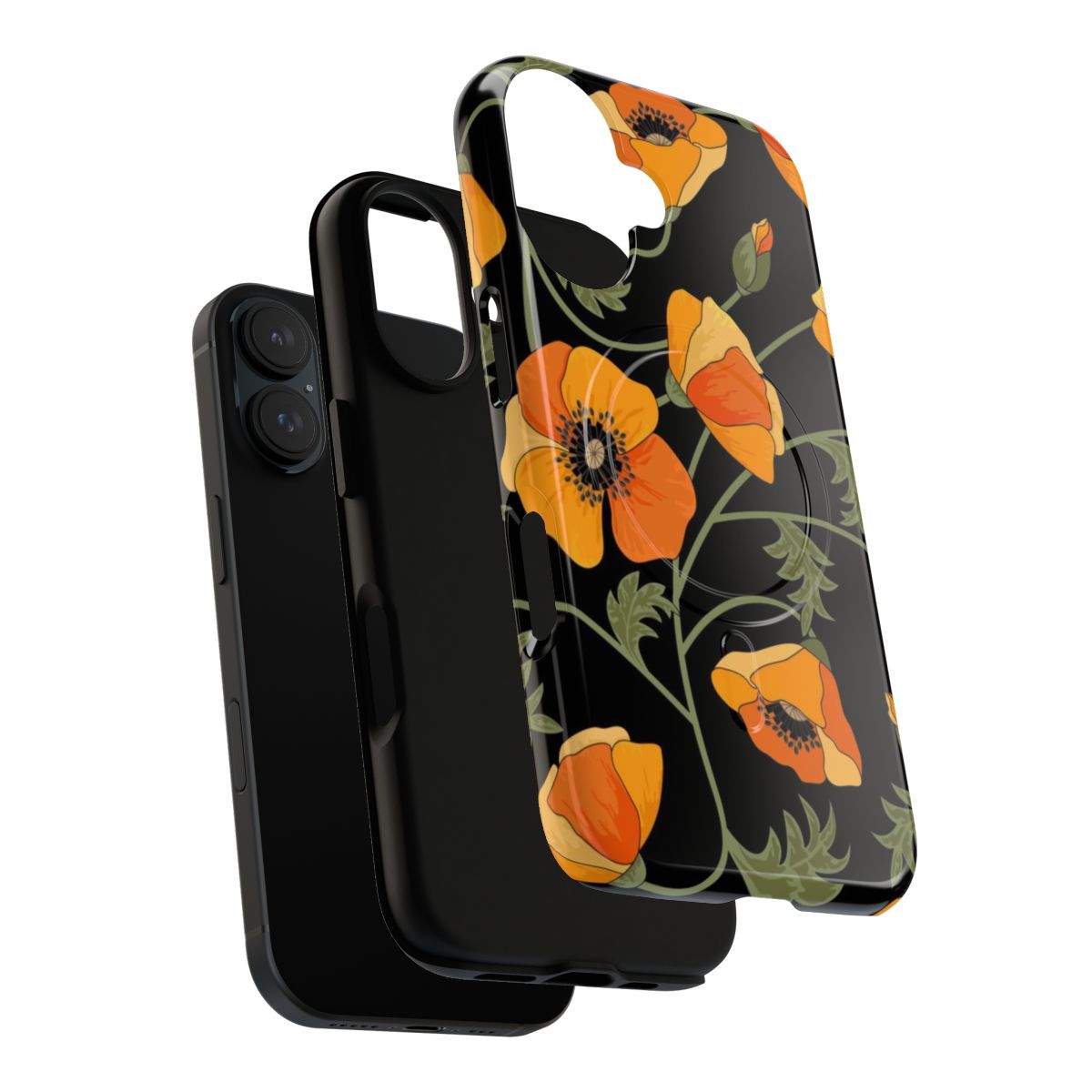 Artistic phone cases featuring a bold, vector-style pattern of yellow California poppies on a black background. - Layers