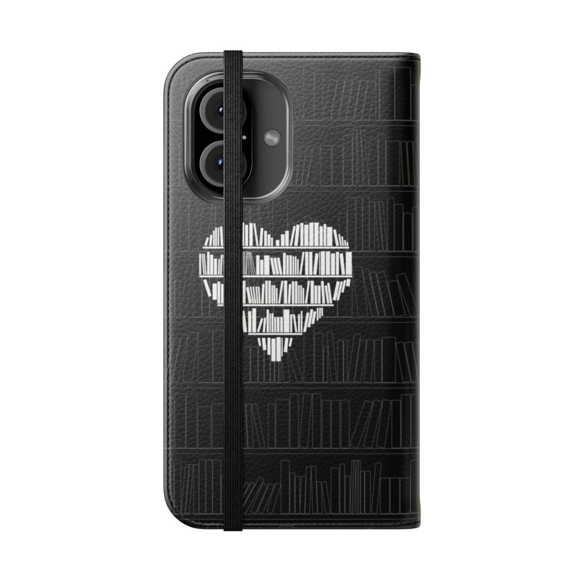 Stylish phone case for book lovers, featuring a book design and heart symbol. - Folded Front