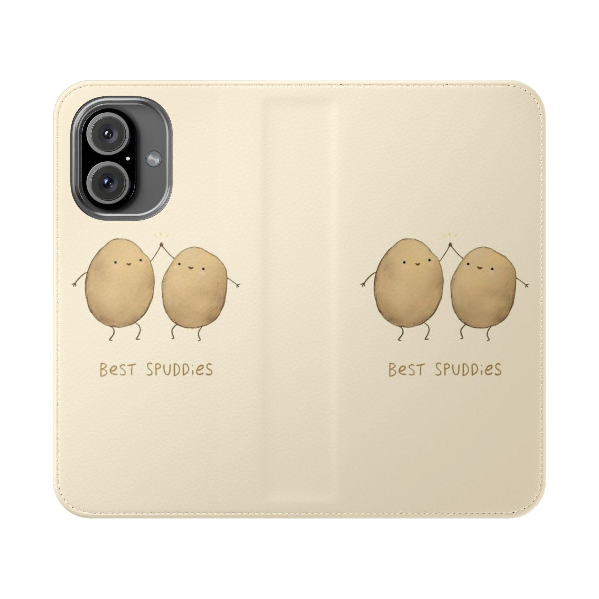 A colorful flip cover phone case featuring a playful potato-themed design.