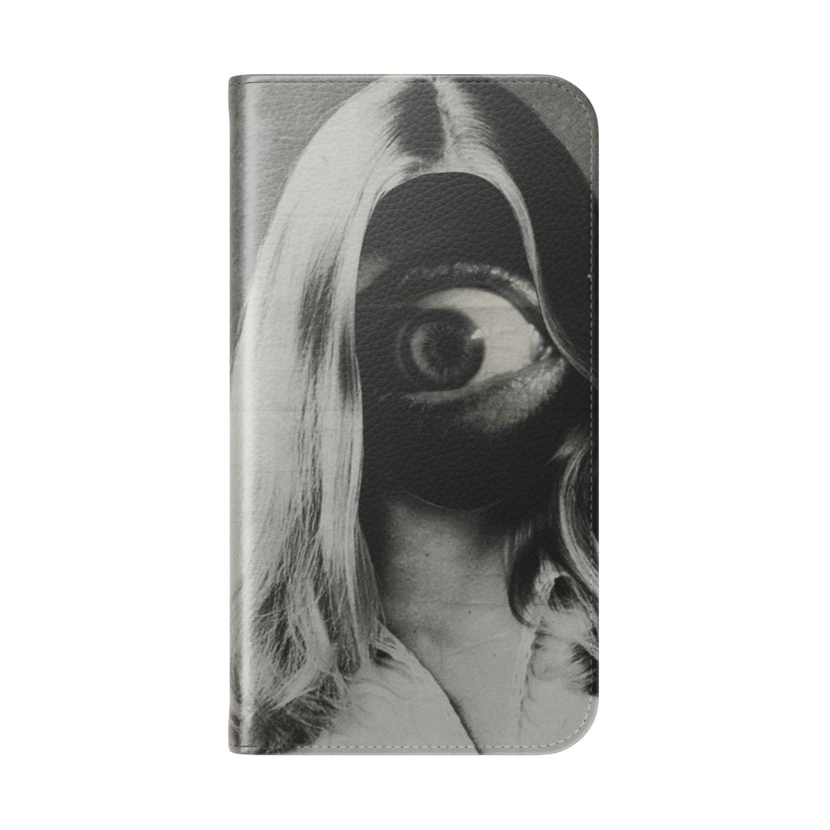 Surreal and creepy phone case cover featuring an unsettling vintage-style collage design with eyes and a woman's face. - Folded Back