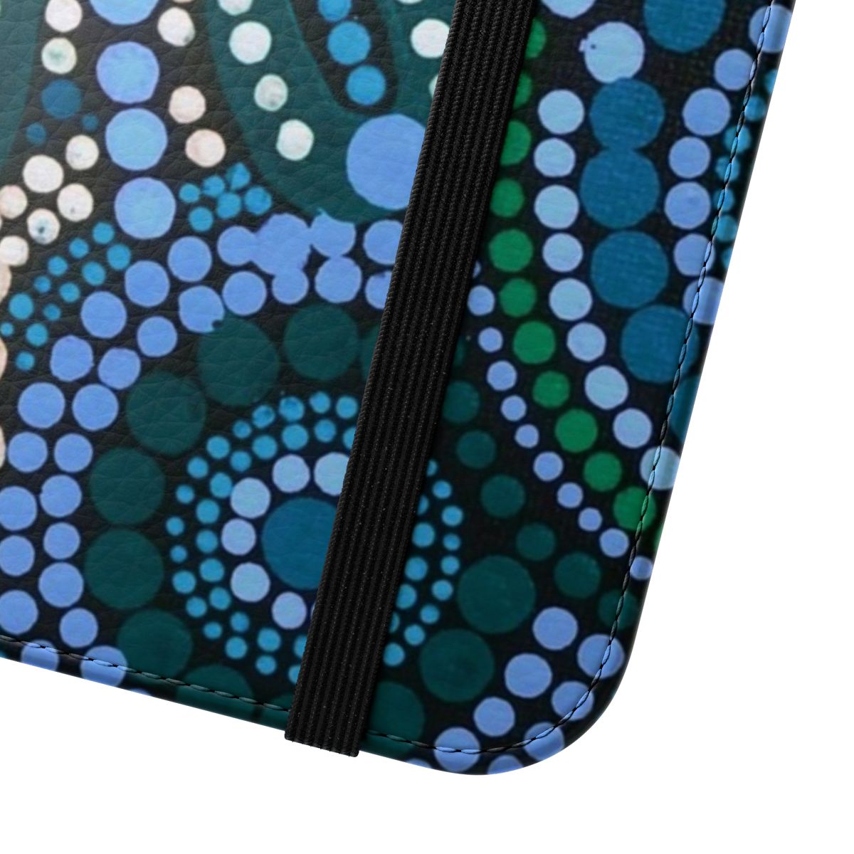 Turquoise blue patterned flip cover phone case inspired by Australian aboriginal art - Close Up