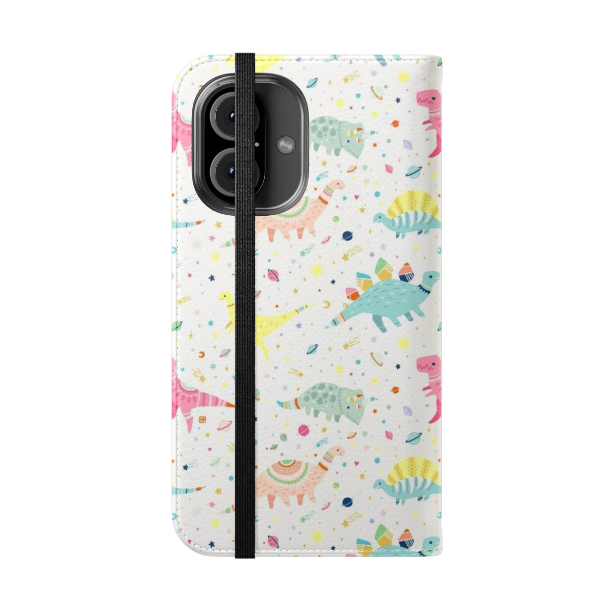 Dinosaur-themed flip phone case featuring a vibrant, pastel-colored pattern - Folded Front