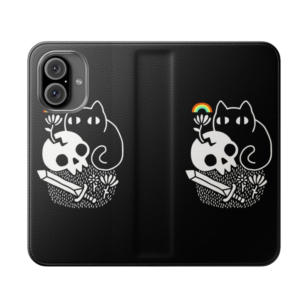 Colorful flip cover phone case with cat, skull, and fantasy design