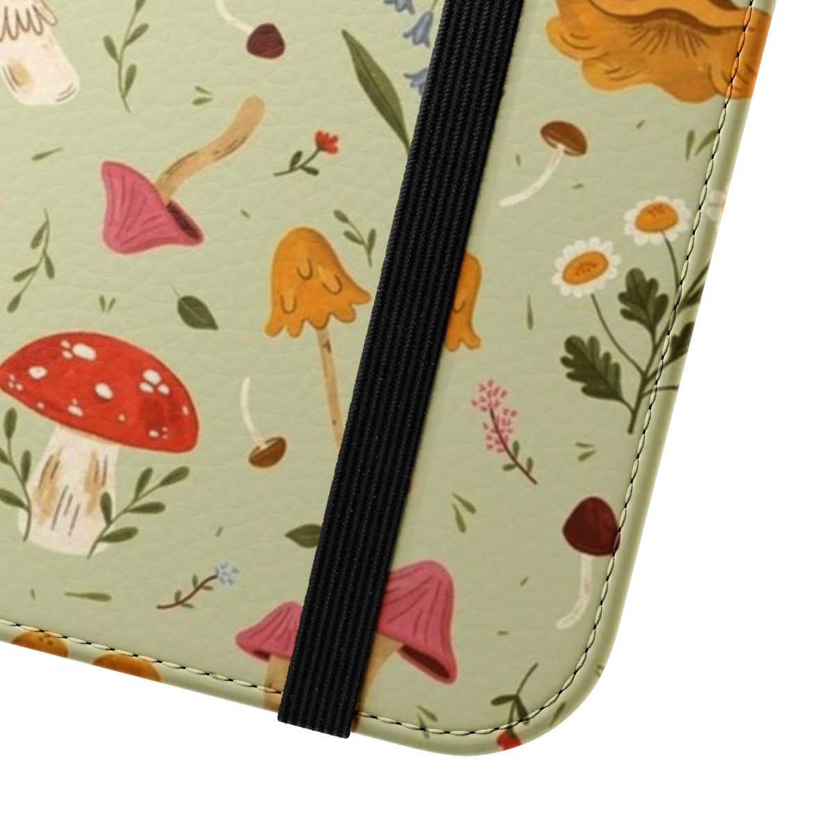 Flip cover phone case featuring a botanical design with mushrooms and wildflowers - Close Up