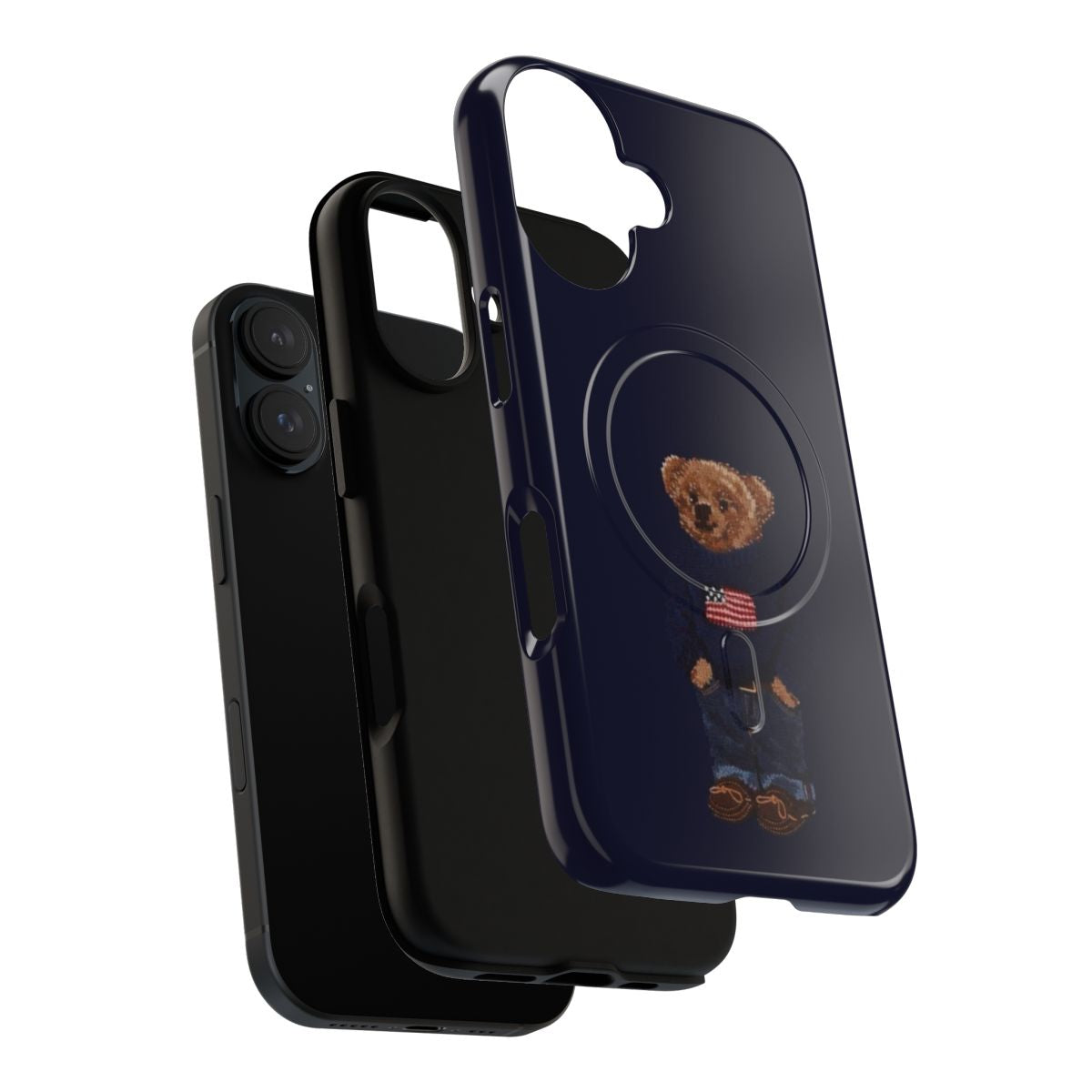 A stylish magnetic tough phone case featuring a graphic of a trendy bear design. - Layers