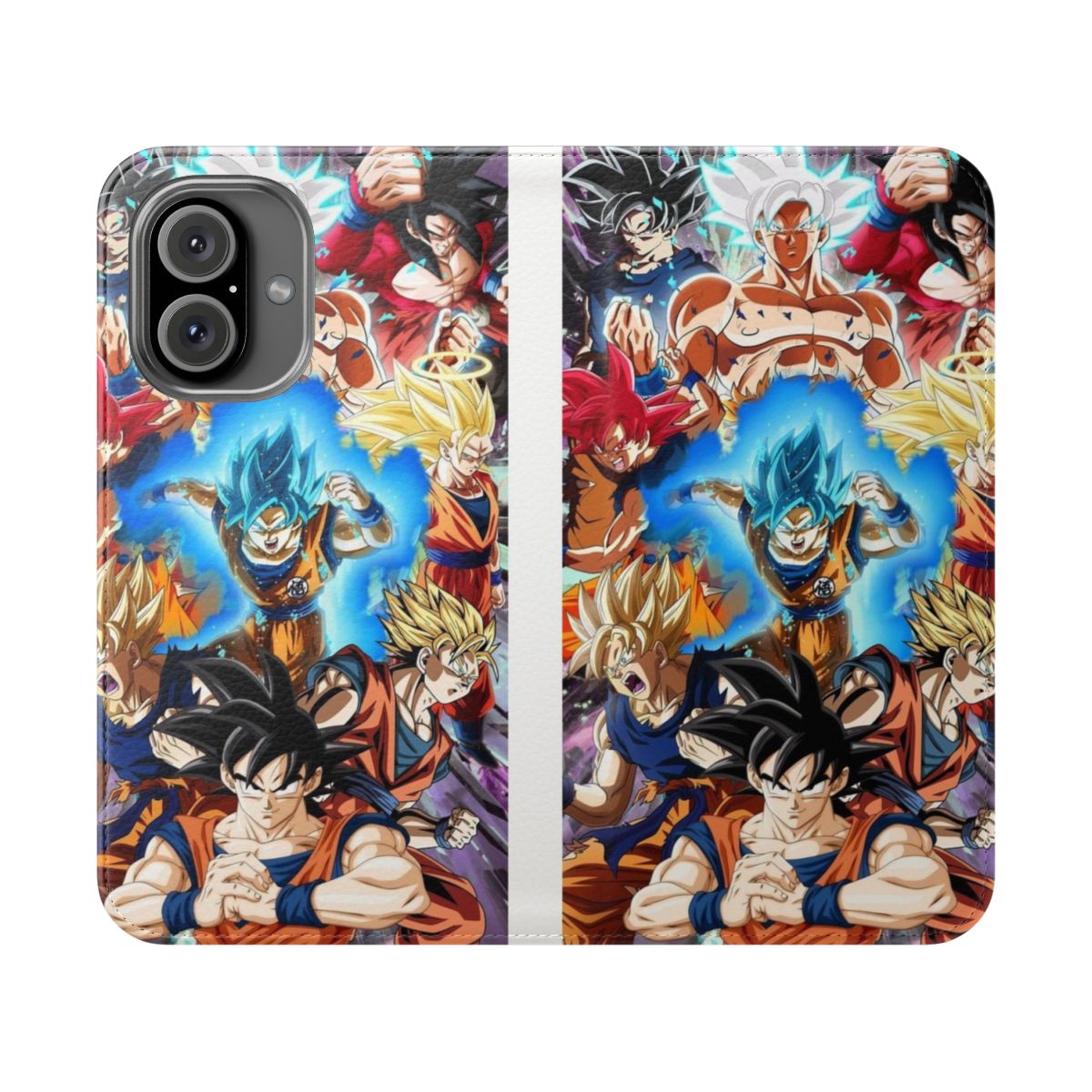 Flip phone case featuring illustrations of Goku's various transformations from the Dragon Ball anime and manga series.