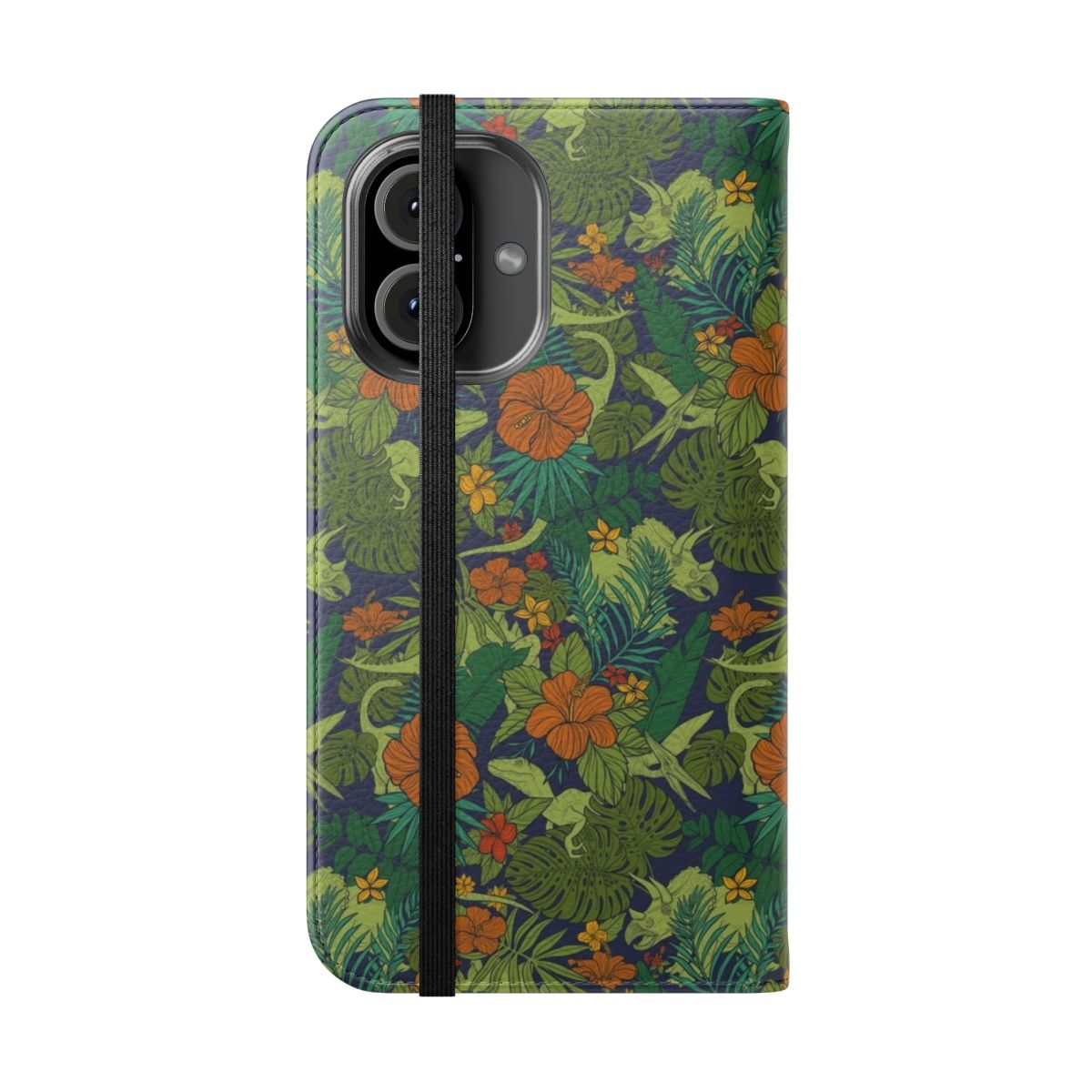 Vibrant phone case cover featuring a pattern of hidden dinosaurs, tropical flowers, and lush leaves. - Folded Front