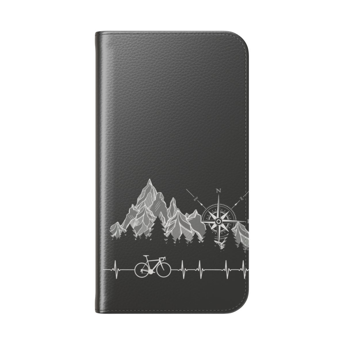 Cycling phone case with mountains, compass, and bicycle design - Folded Back