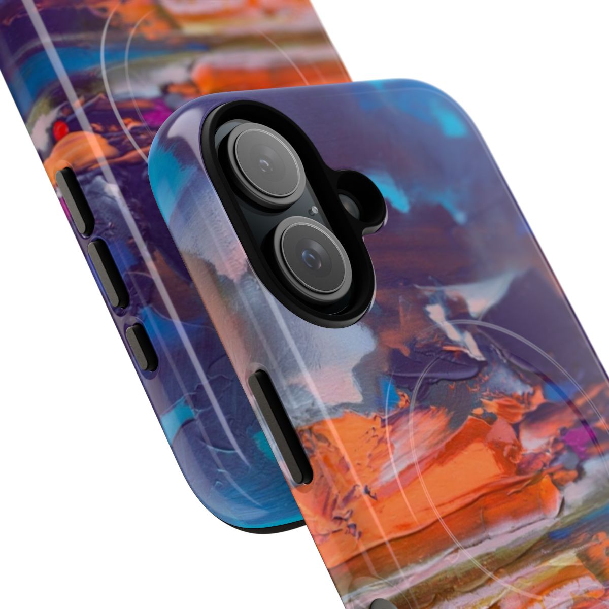 Colourful phone case featuring a vibrant, abstract Scottish landscape design - Detail