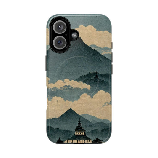 Magnetic tough phone case with a scenic mountain monastery landscape design inspired by Japanese shinhanga art