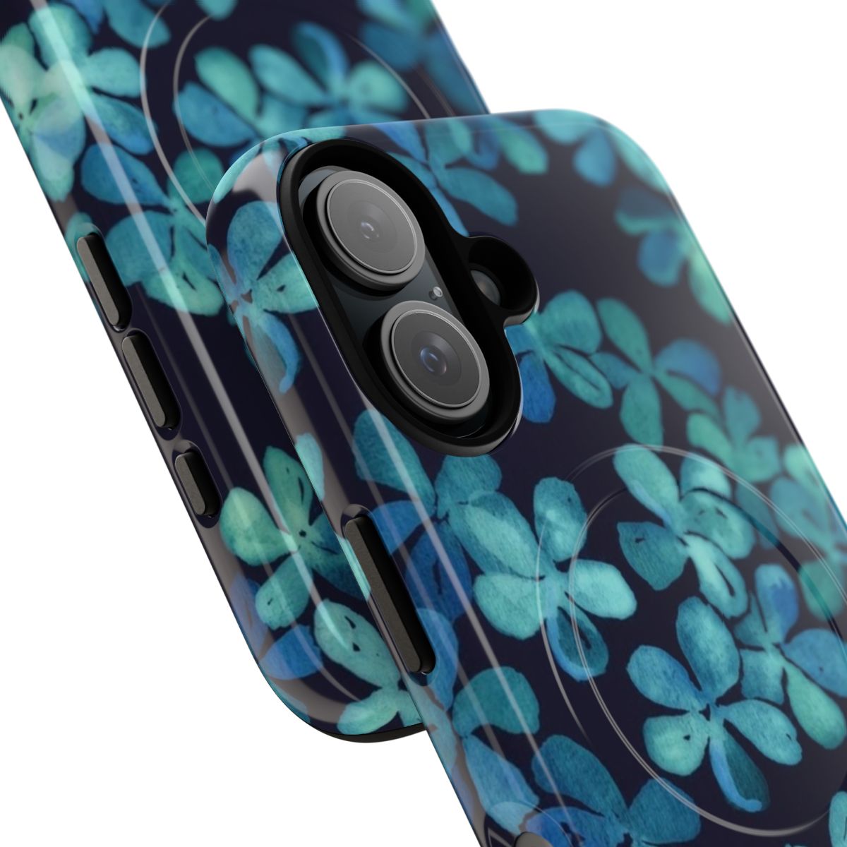 Hand painted floral pattern in navy blue and teal colors on a tough magnetic phone case - Detail