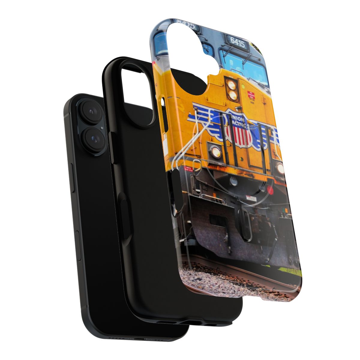 Magnetic phone case featuring a colorful, detailed image of a Union Pacific GE AC4400CW locomotive - Layers