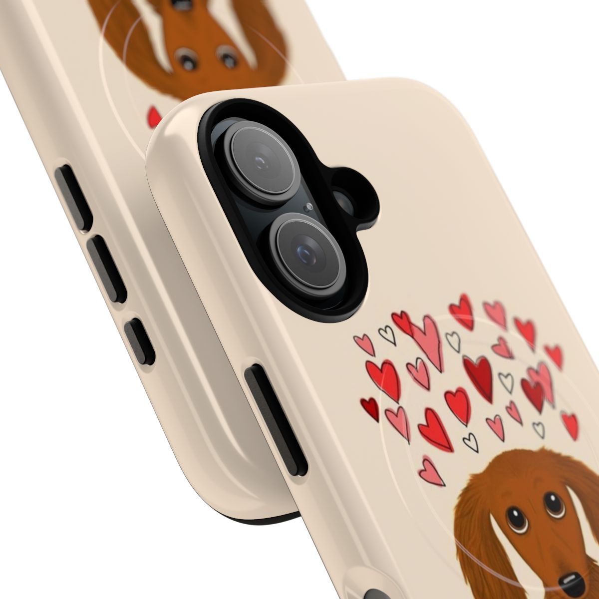 Magnetic phone case with a cute red dachshund cartoon dog design and hearts - Detail