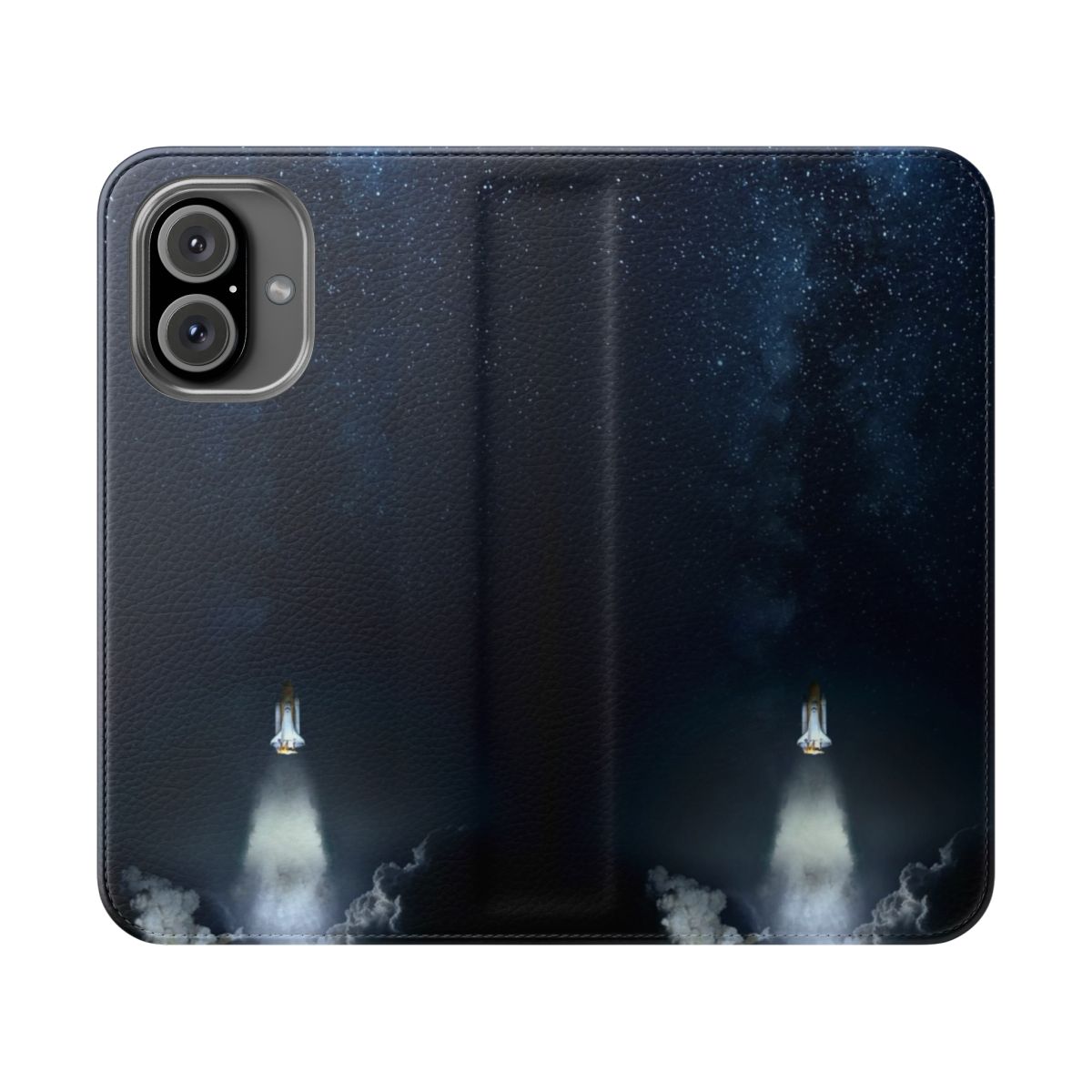 Flip cover phone case featuring a stunning intergalactic space design with nebulae, galaxies, and stars.