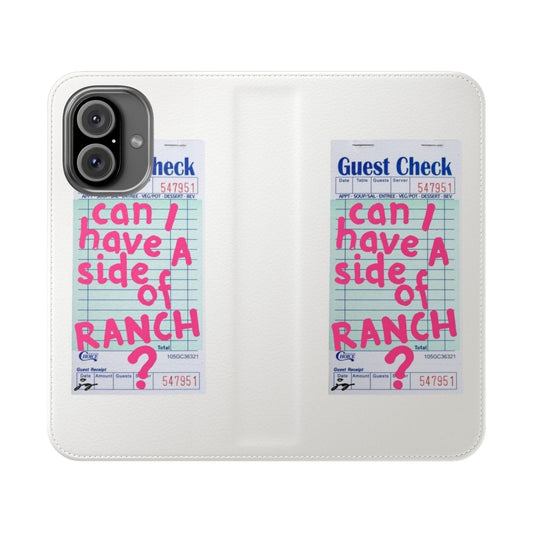 Stylish pink flip phone case with a trendy college-inspired collage design