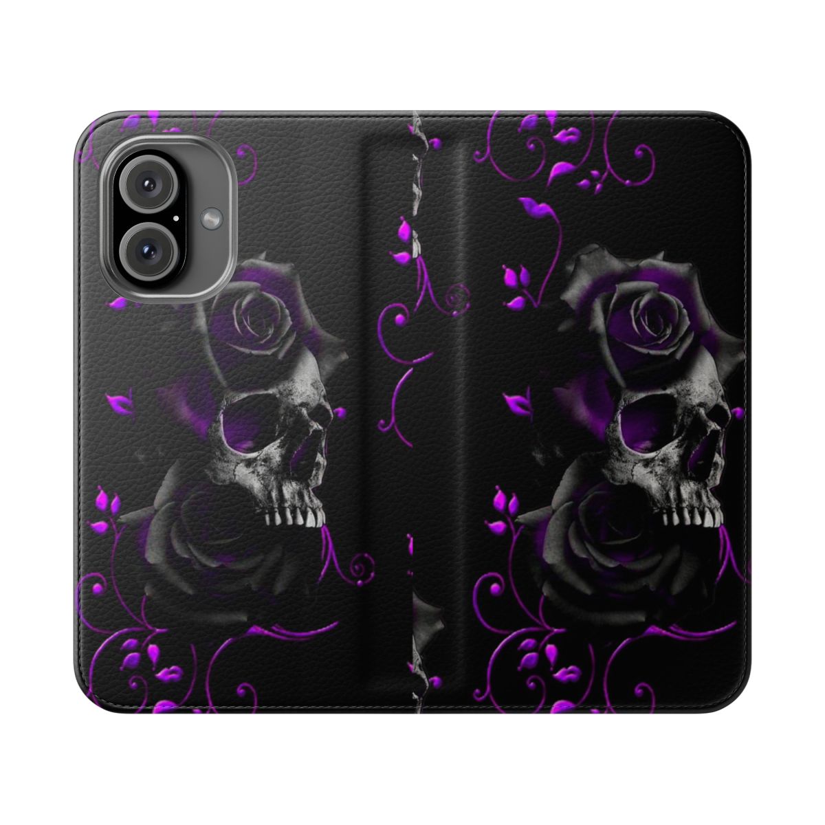 A black phone case with a skull and black and purple roses design