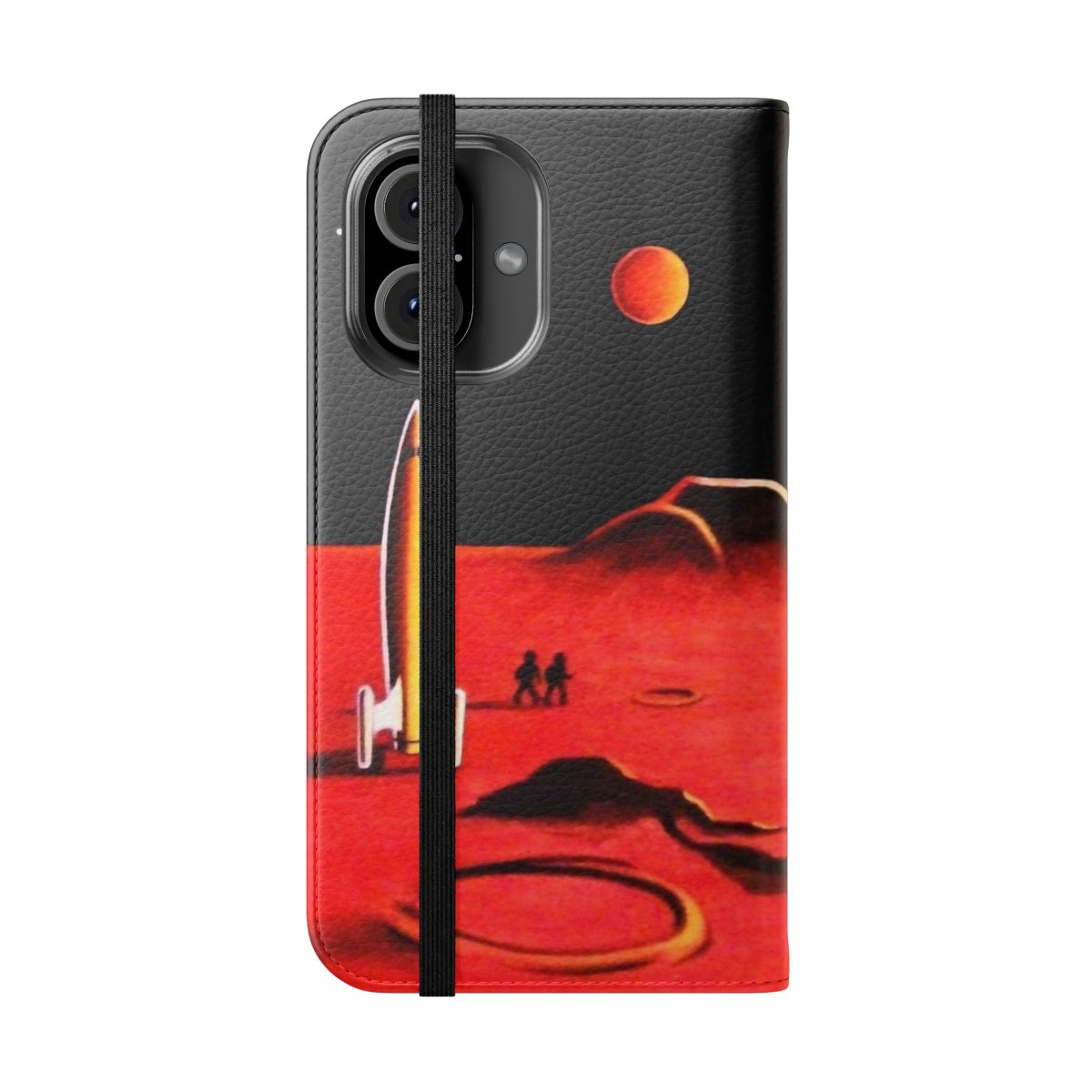 Futuristic phone case with a sci-fi design featuring a martian city, planets, and spaceships. - Folded Front