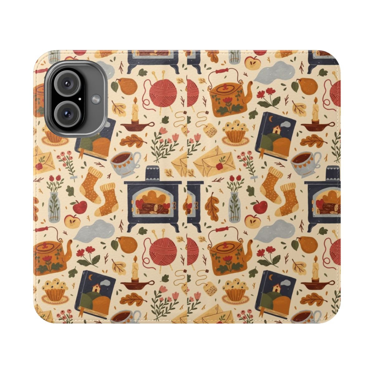 Cozy cottage-inspired flip phone case with floral and teapot design