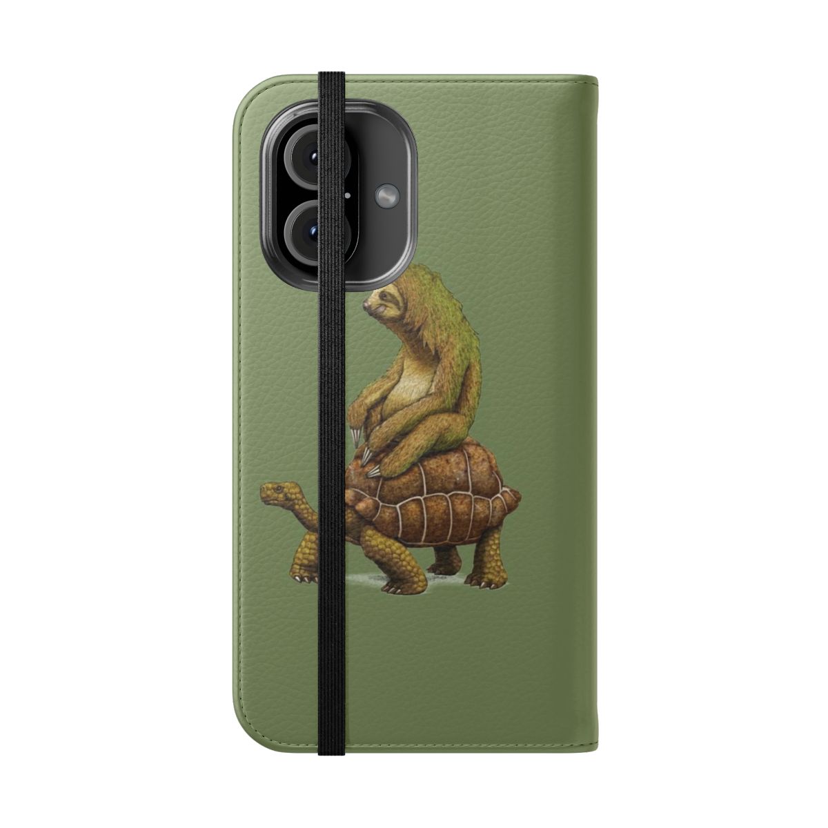 A flip cover phone case featuring a relaxed sloth riding a slow-moving turtle or tortoise in earth-toned colors. - Folded Front