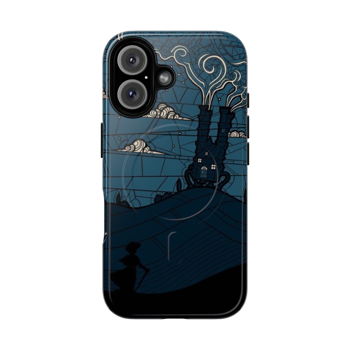 Anime-inspired phone case featuring a stained glass castle and scenic sky background