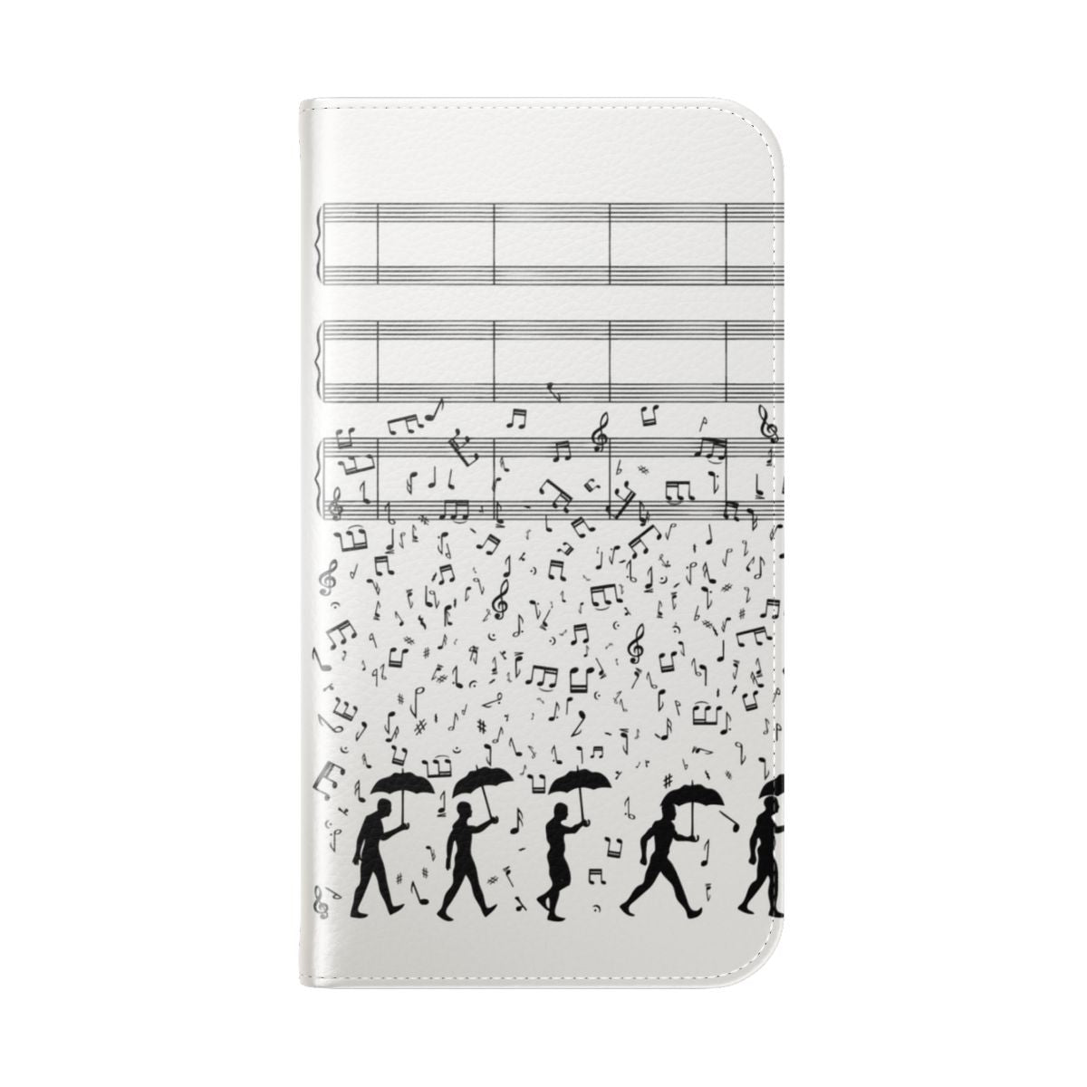 Flip cover phone case with a singing in the rain theme, featuring musical notes and a silhouette design. - Folded Back