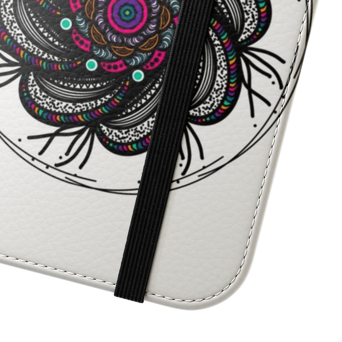 Colorful psychedelic, cosmic, hand-drawn design on a flip phone case - Close Up