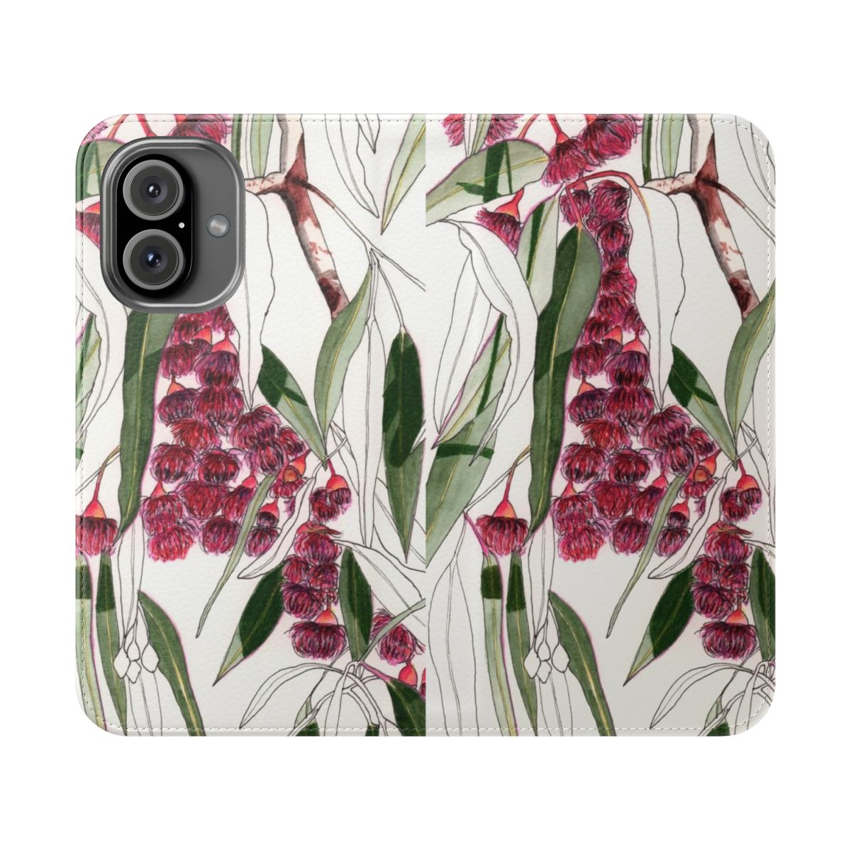 Colorful watercolor illustration of pink flowering gum and eucalyptus leaves on a phone case