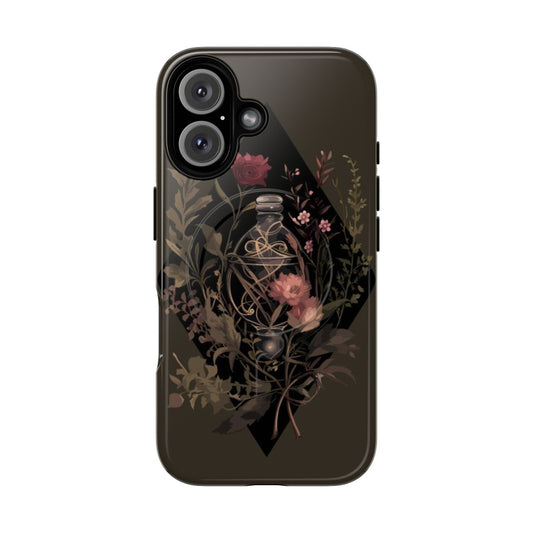 Enchanting magnetic tough phone case featuring dark academia and witchcraft-inspired floral illustration design.