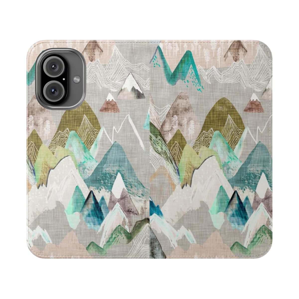 Misty mountain landscape design on a flip cover phone case