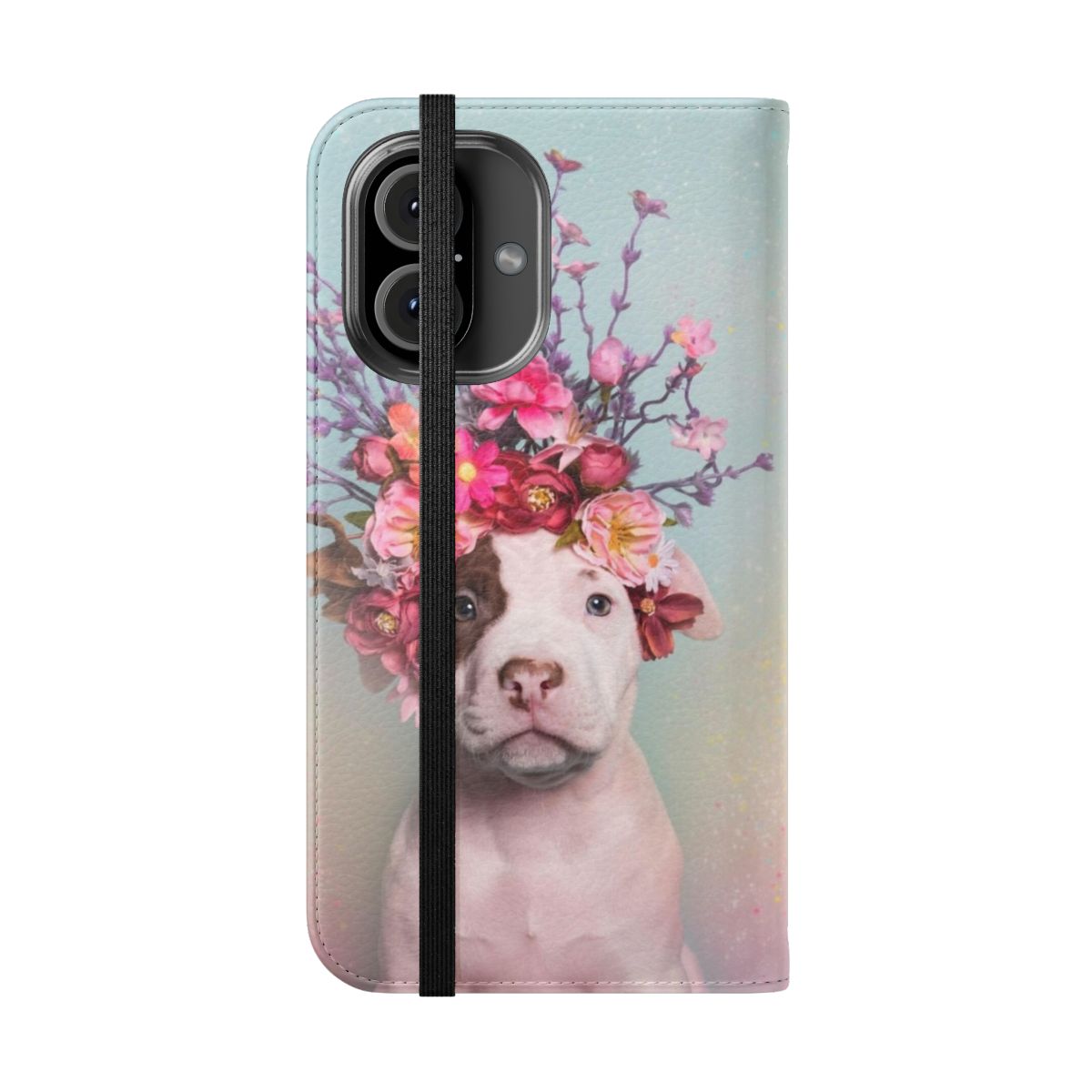 Colorful flower power themed phone case featuring a pitbull face with a flower crown - Folded Front