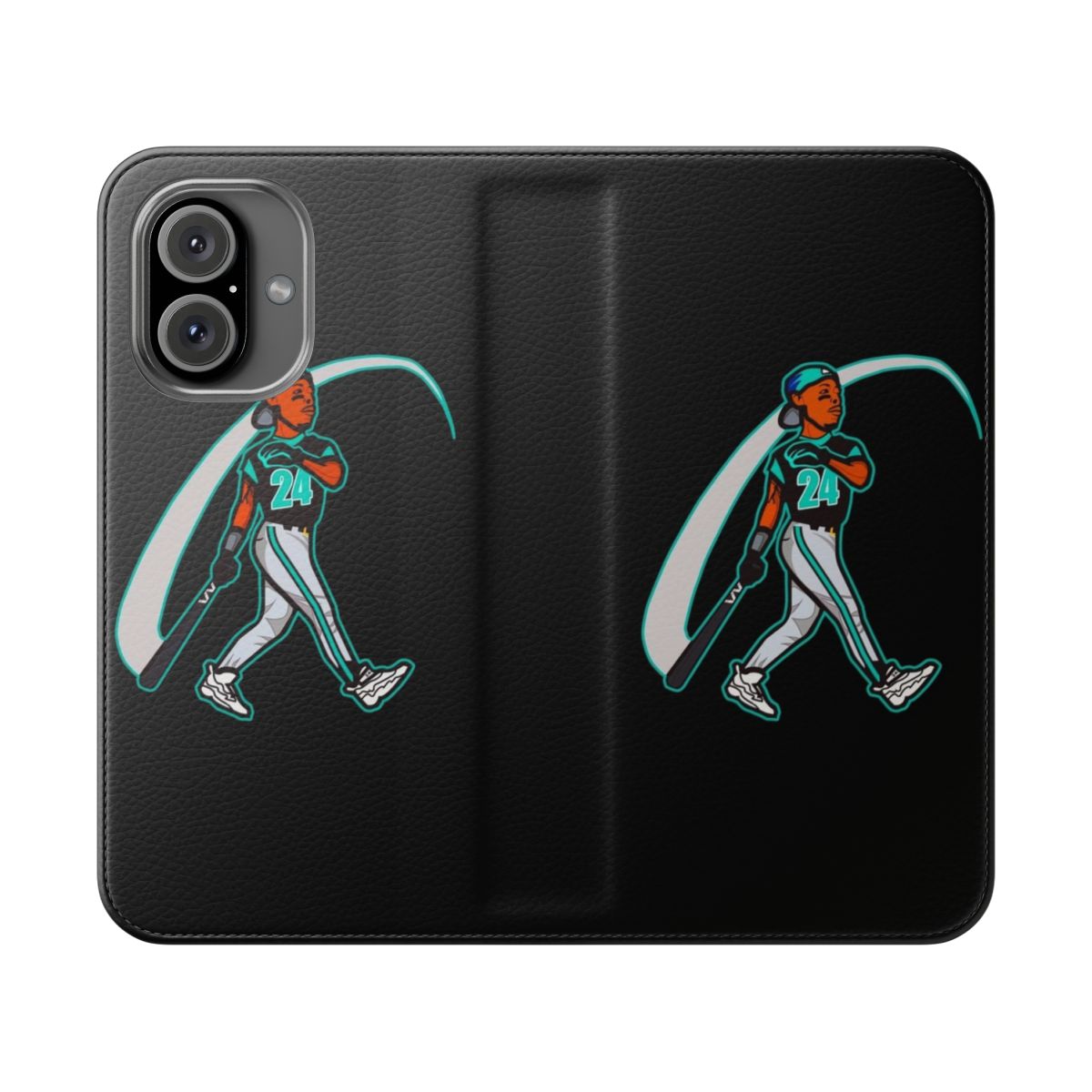 Vintage-inspired flip cover phone case featuring the iconic Ken Griffey Jr. of the Seattle Mariners