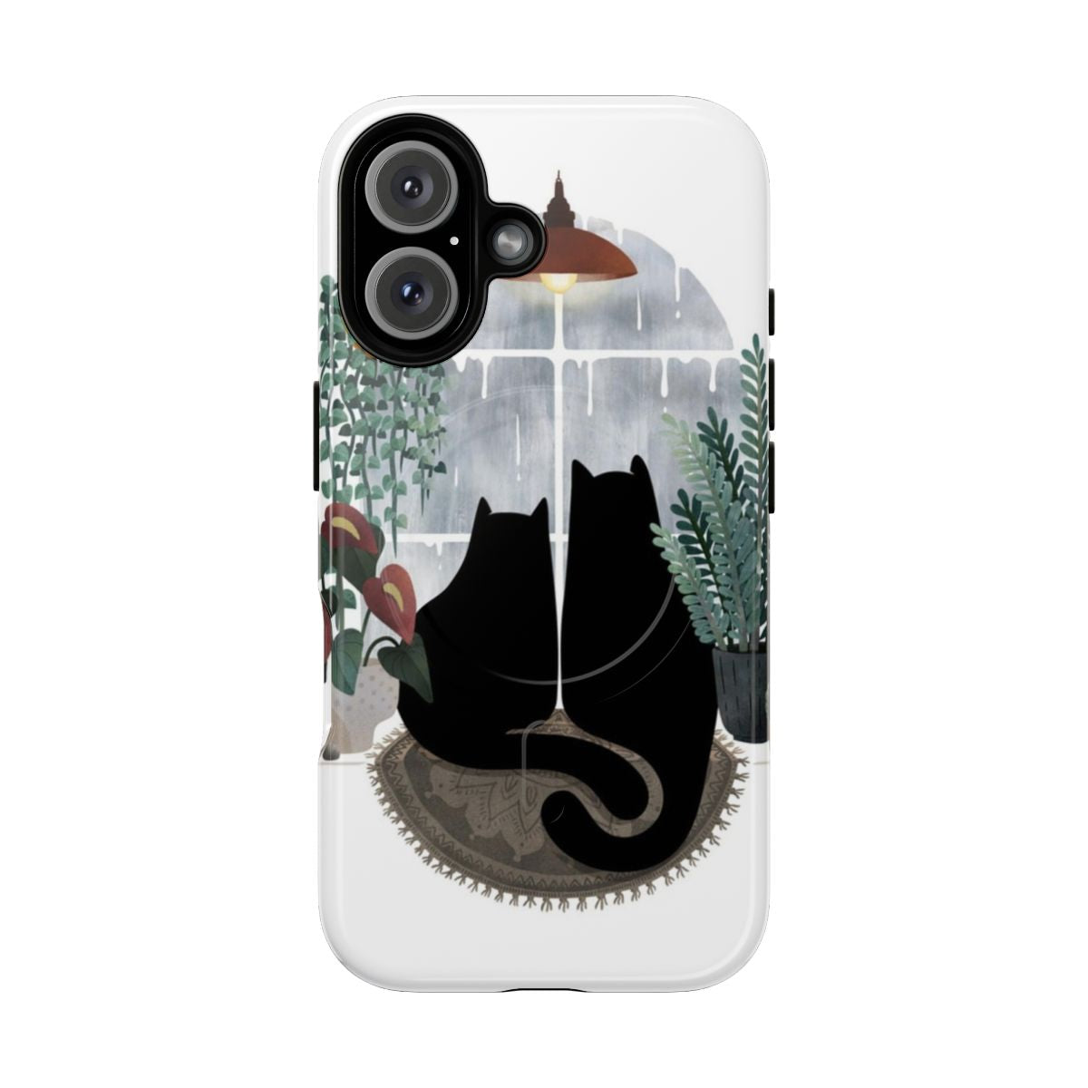 Rainy Day Cats Magnetic Tough Phone Case featuring a whimsical design with cats, plants, and nature motifs.