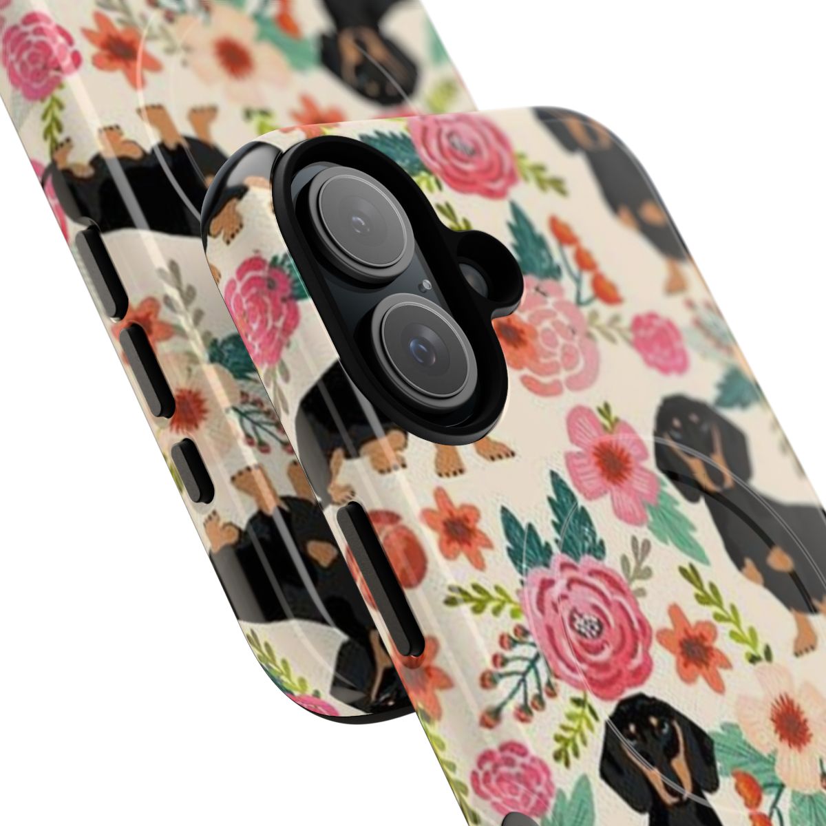 Dachshund dog surrounded by flowers on a magnetic tough phone case - Detail