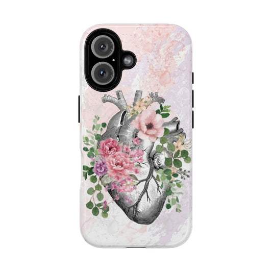 Magnetic tough phone case featuring a floral heart design with pink roses and human anatomy elements