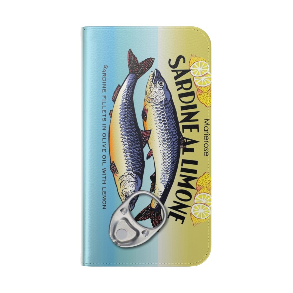 Vintage-style flip phone case with sardine can design - Folded Back