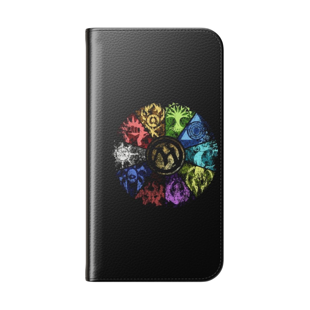 A flip cover phone case featuring a faded, stylized design inspired by the guilds and mana symbols of the Magic: The Gathering trading card game. - Folded Back