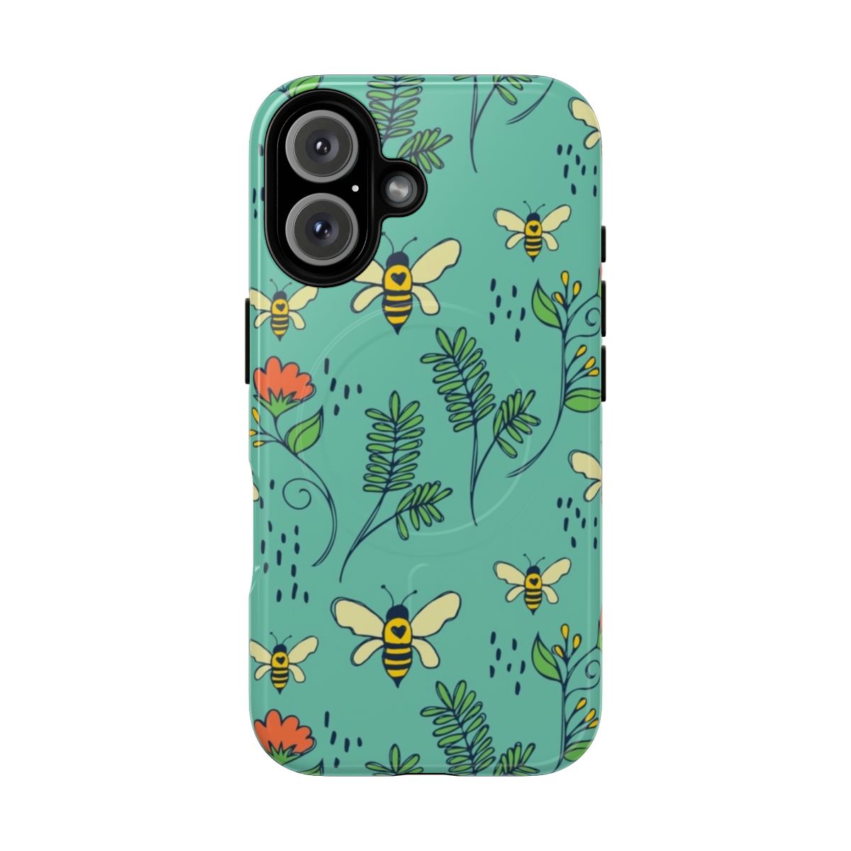 Vibrant bee and flower design on a tough, magnetic phone case