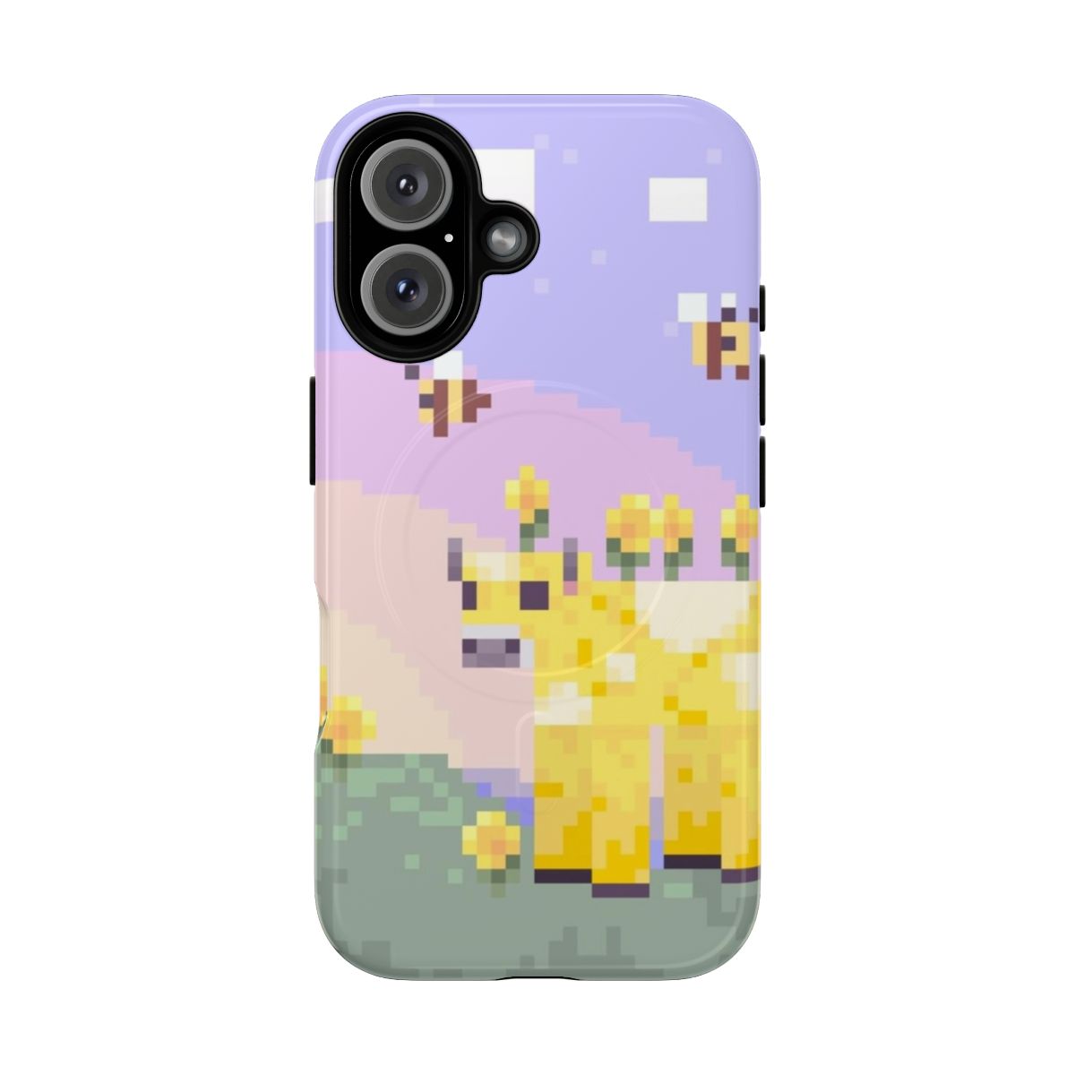 Pastel-colored Minecraft Earth-themed phone case featuring Moobloom and bees in an 8-bit style design.