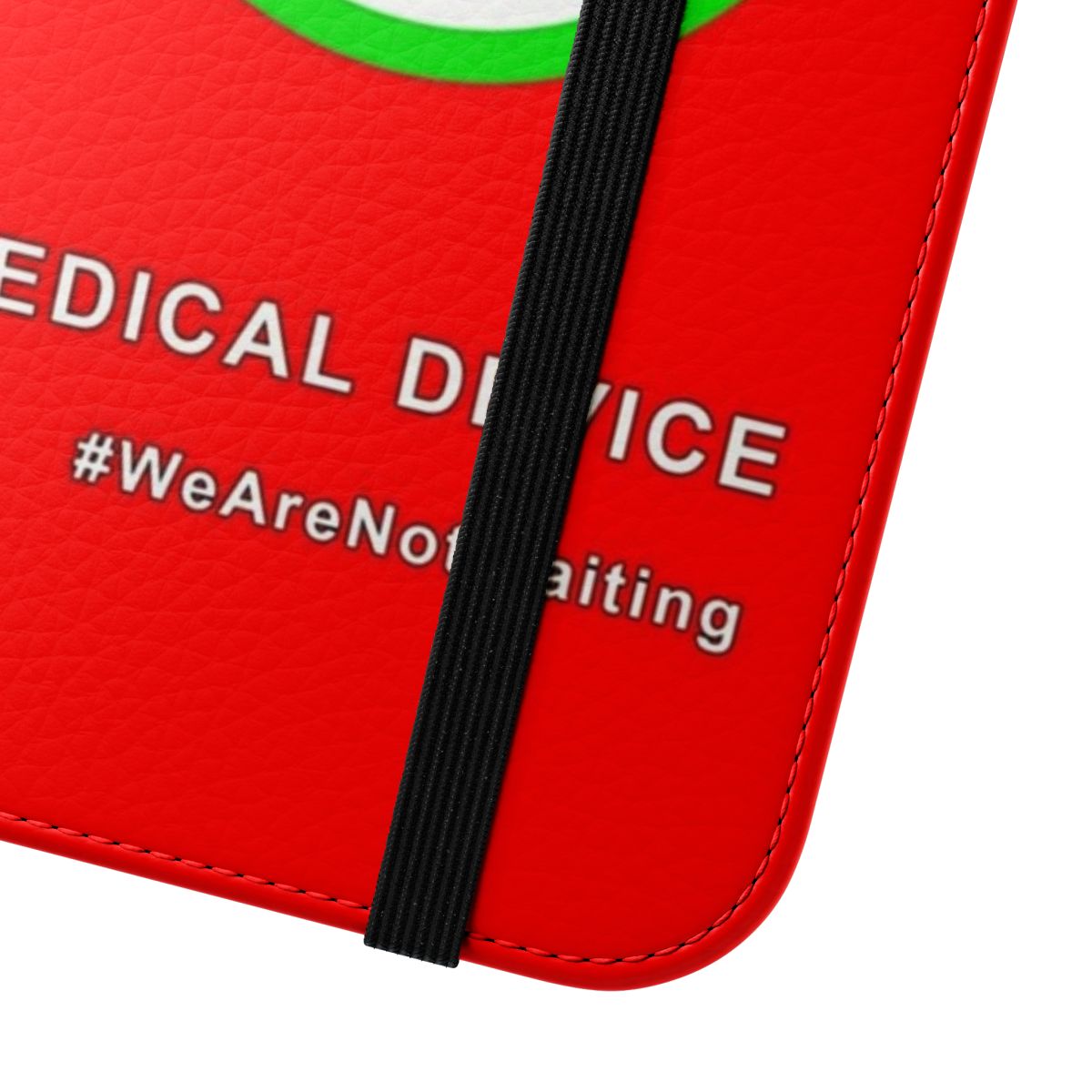 Red flip cover phone case with medical device design - Close Up