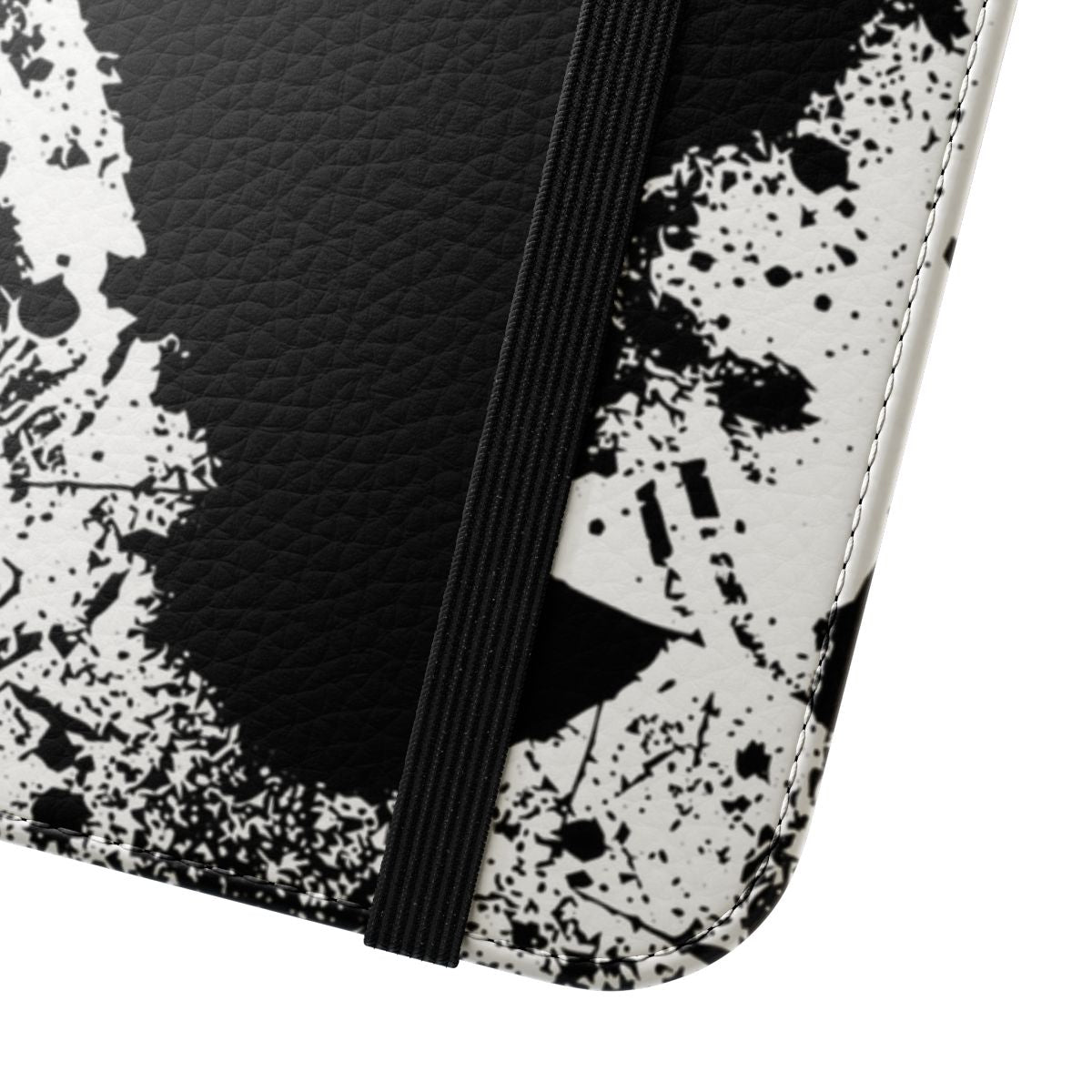 Black flip cover phone case with music band graphic - Close Up