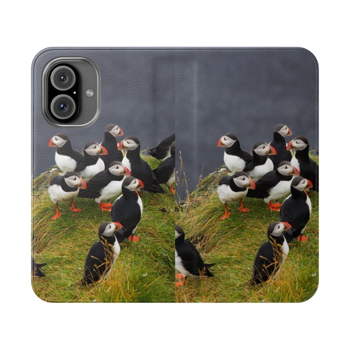 A high-quality flip cover phone case featuring an illustration of a puffin, the iconic bird of Iceland.