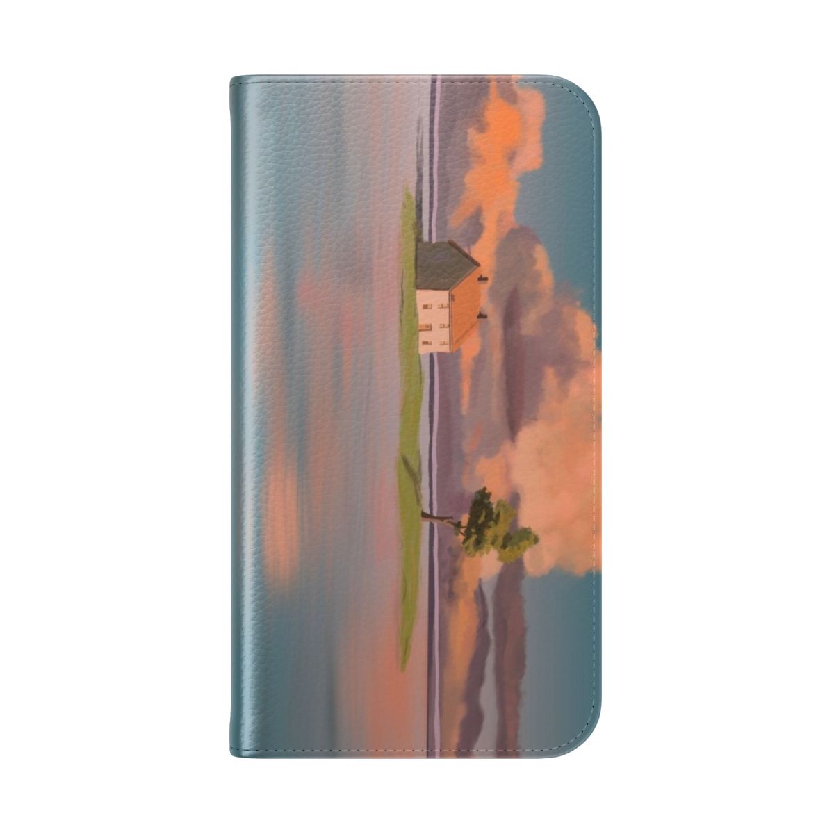 A flip phone case featuring a tranquil landscape scene from the Studio Ghibli film Spirited Away. - Folded Back