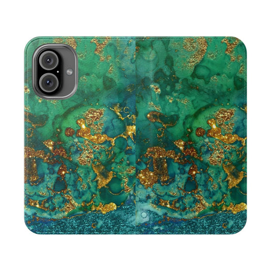 Sparkling gold glitter and faux marble pattern on a phone case cover