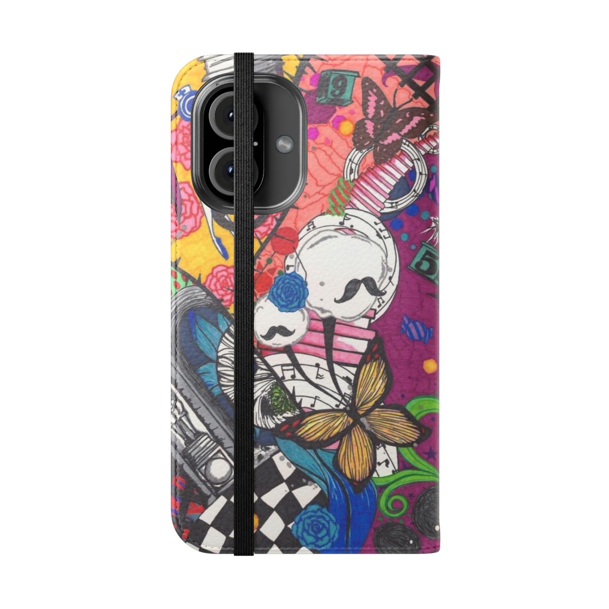 Anime-inspired flip phone case with Madoka Magica witch print design - Folded Front